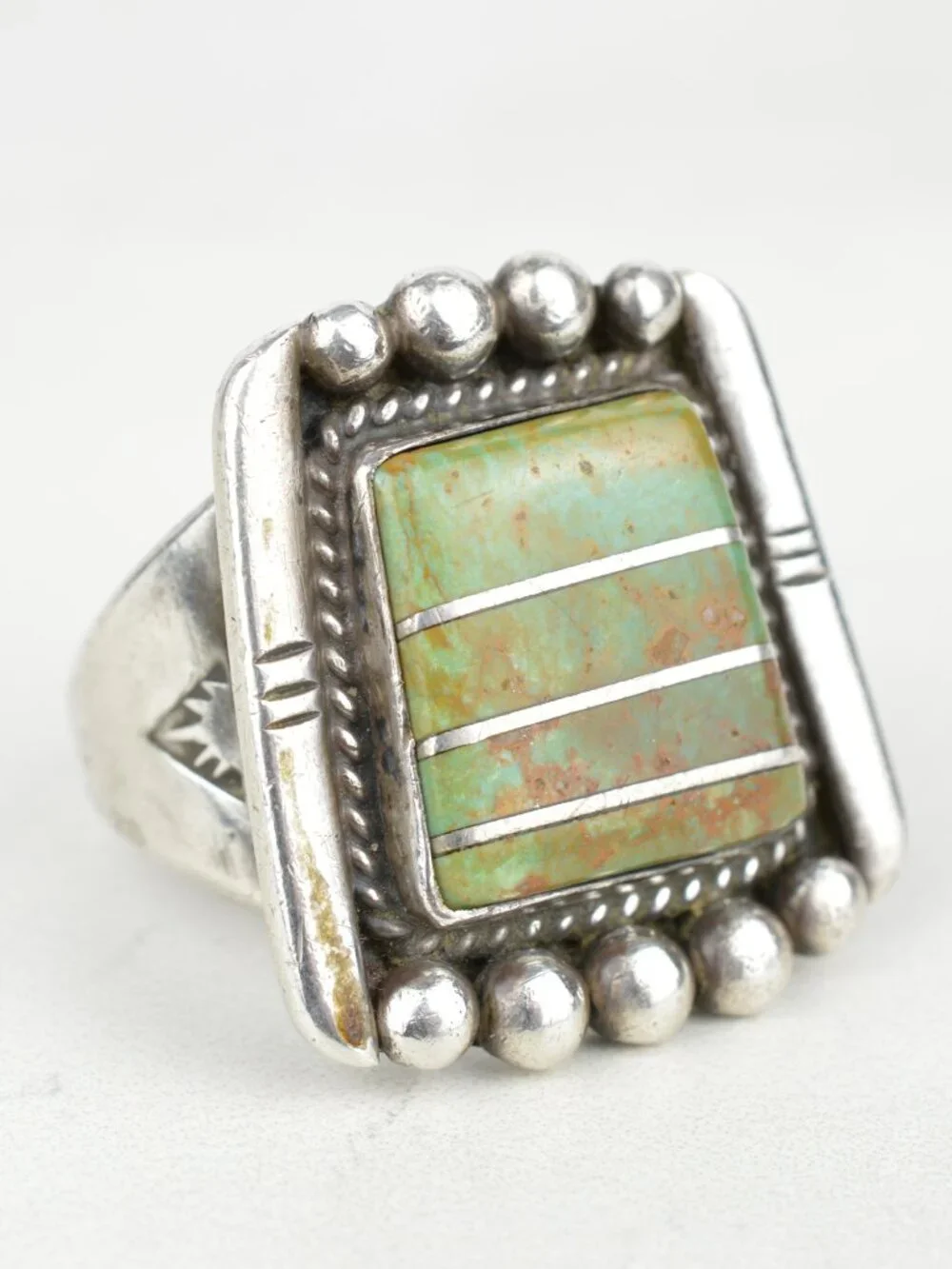 Vintage Navajo Sterling Silver Gaspeite Channel Inlay Ring Sz 14.25 Heavy 19.5g